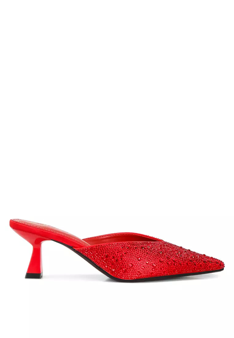 Red Rhinestones Embellished Satin Mules