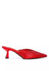 Red Rhinestones Embellished Satin Mules