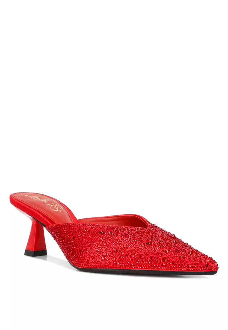 Red Rhinestones Embellished Satin Mules