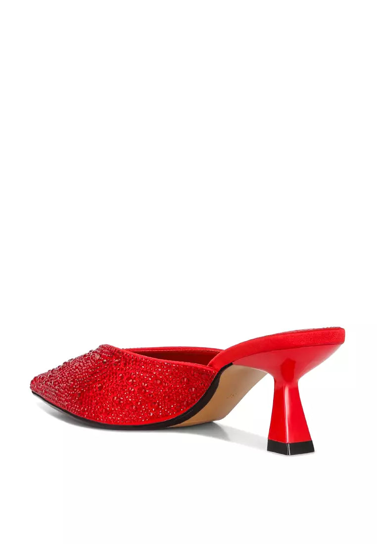 Red Rhinestones Embellished Satin Mules