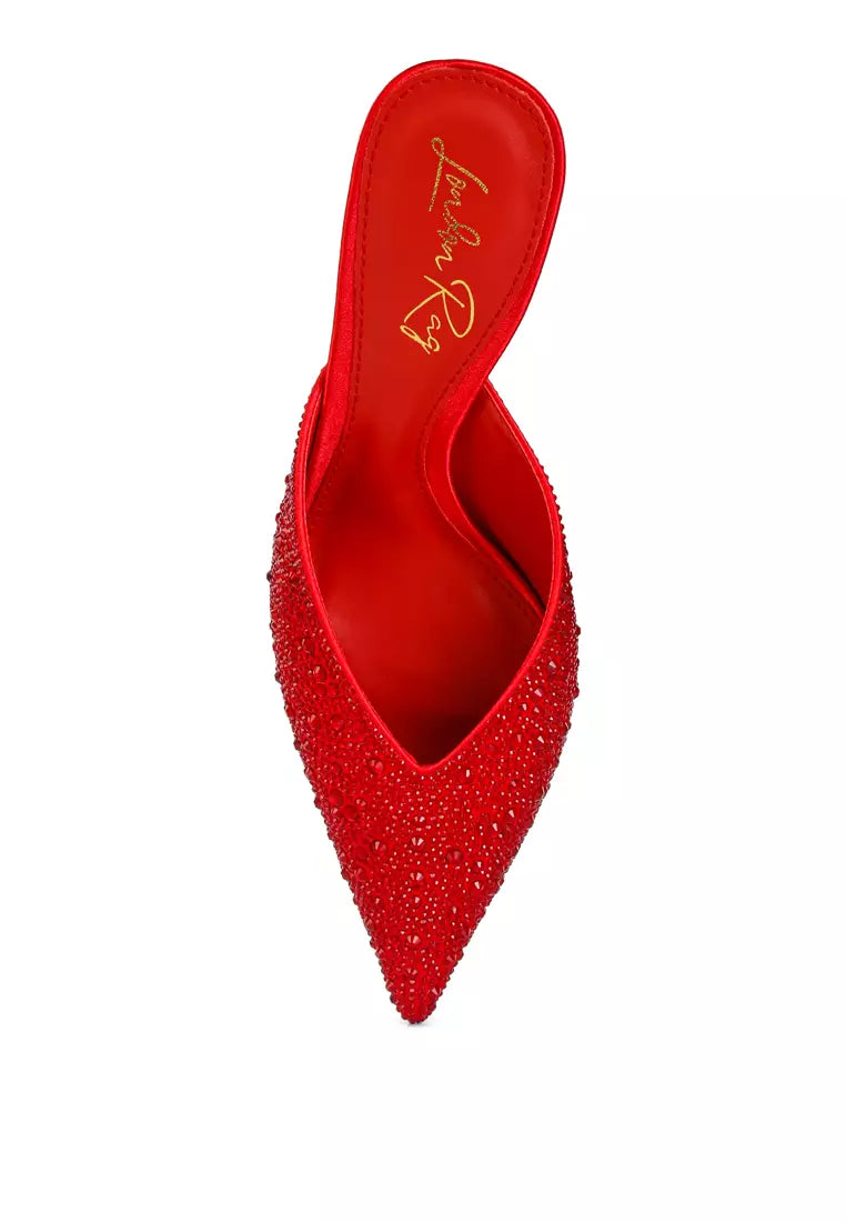 Red Rhinestones Embellished Satin Mules