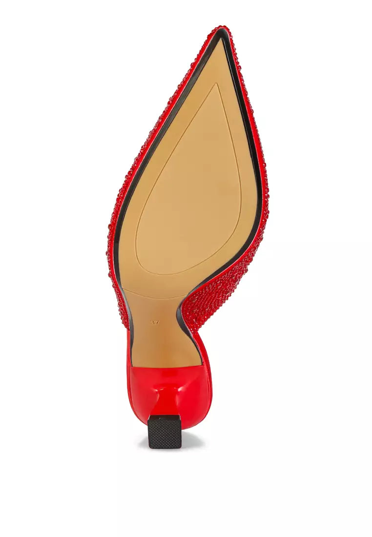 Red Rhinestones Embellished Satin Mules