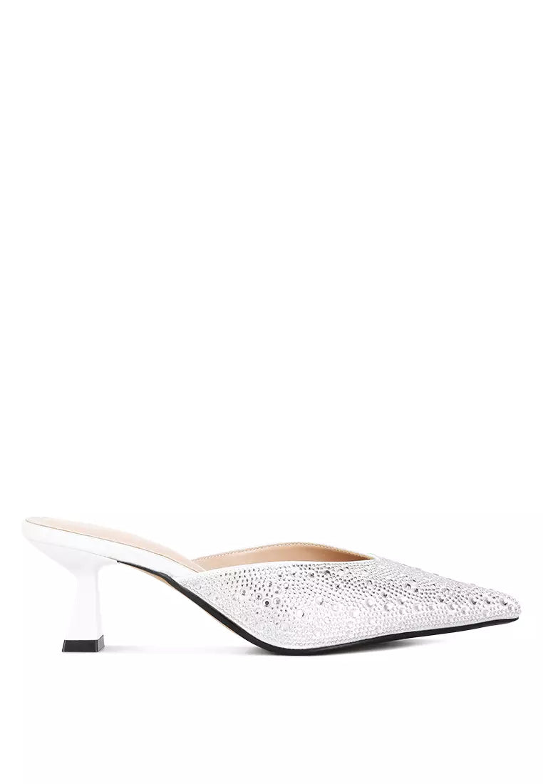 White Rhinestones Embellished Satin Mules