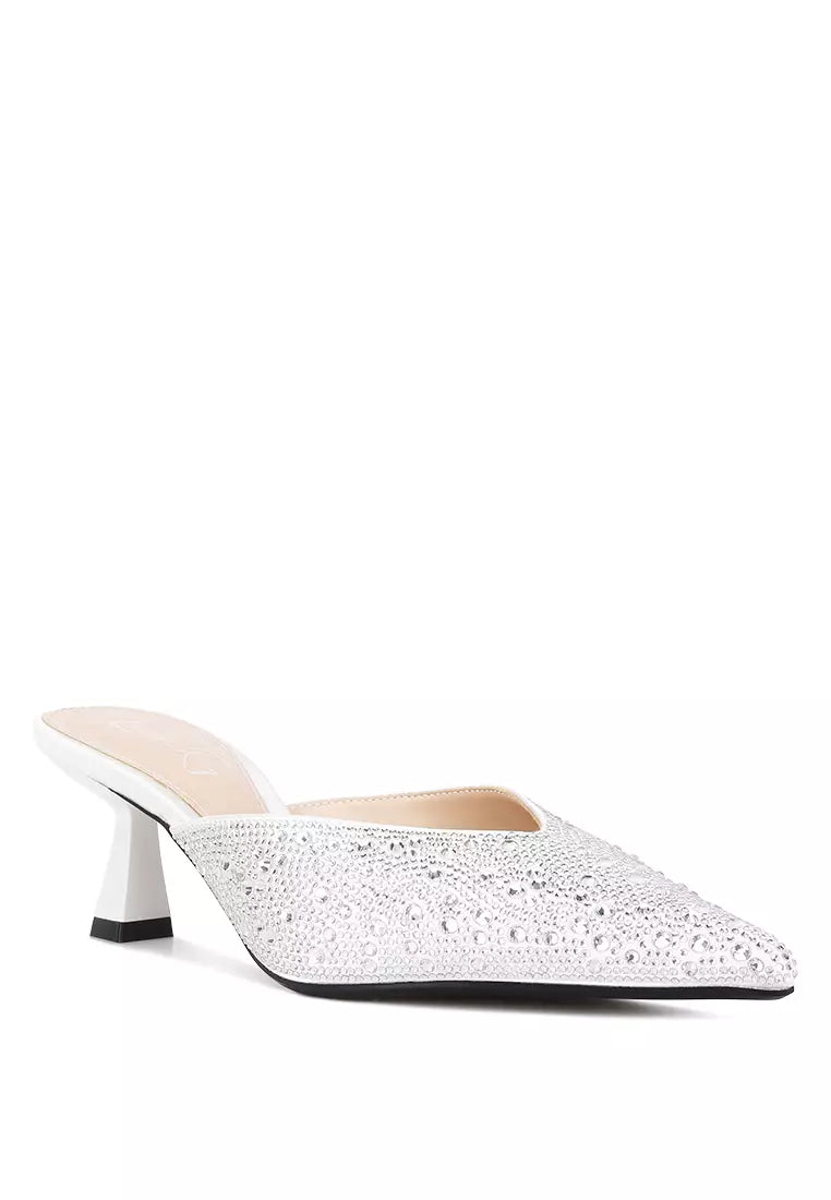 White Rhinestones Embellished Satin Mules