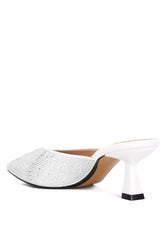 White Rhinestones Embellished Satin Mules