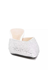 White Rhinestones Embellished Satin Mules