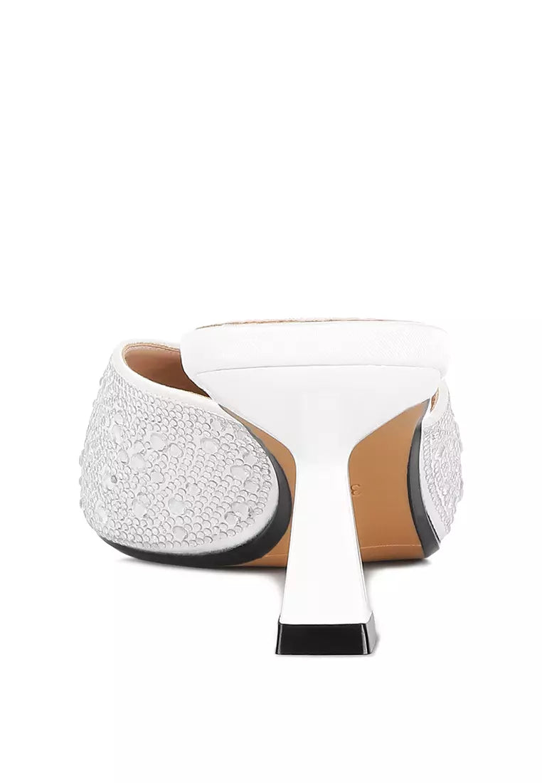 White Rhinestones Embellished Satin Mules