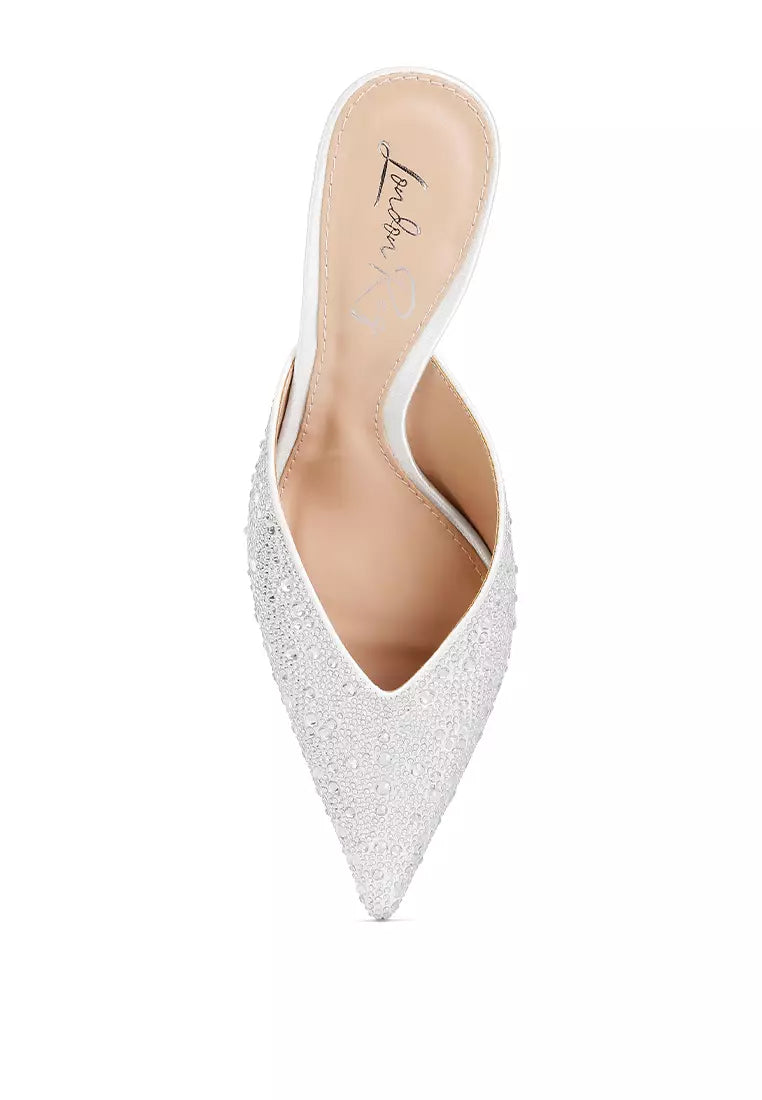 White Rhinestones Embellished Satin Mules