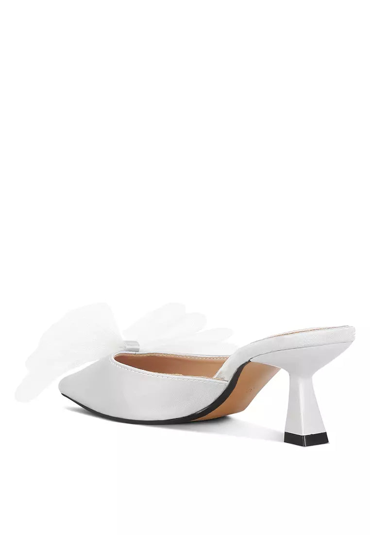 Silver Organza Bow Embellished Satin Mules