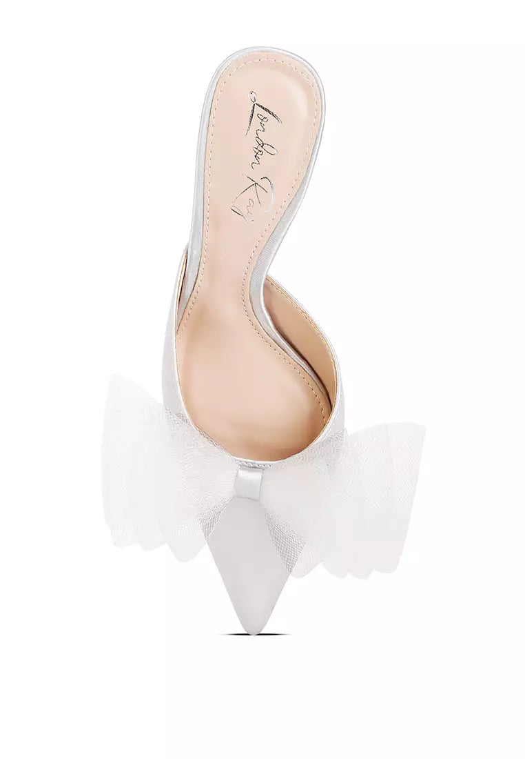 Silver Organza Bow Embellished Satin Mules