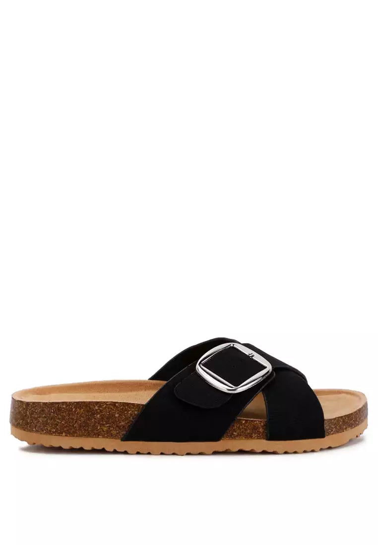 Black Buckle Slip-On Sandals