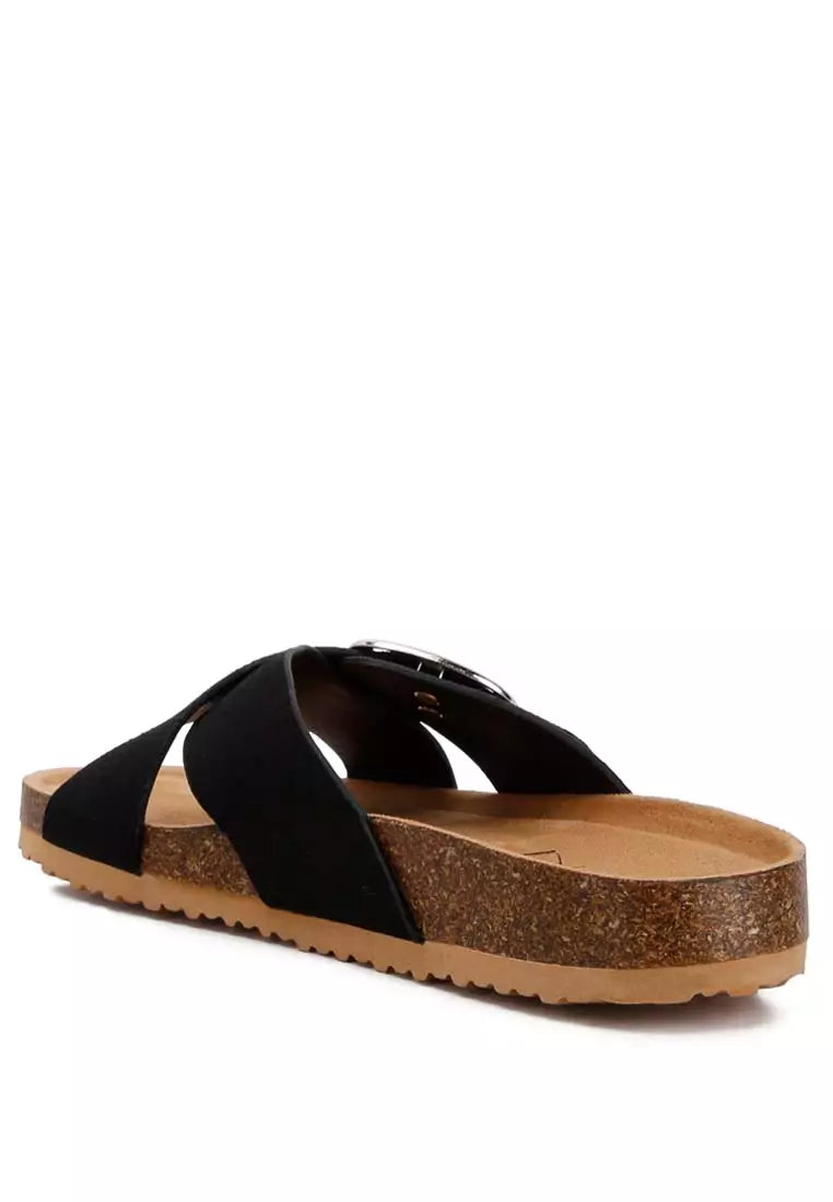 Black Buckle Slip-On Sandals