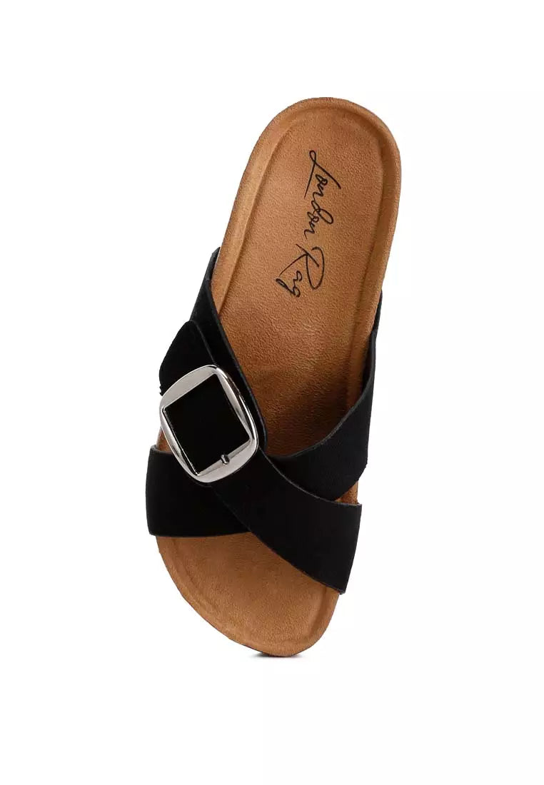 Black Buckle Slip-On Sandals