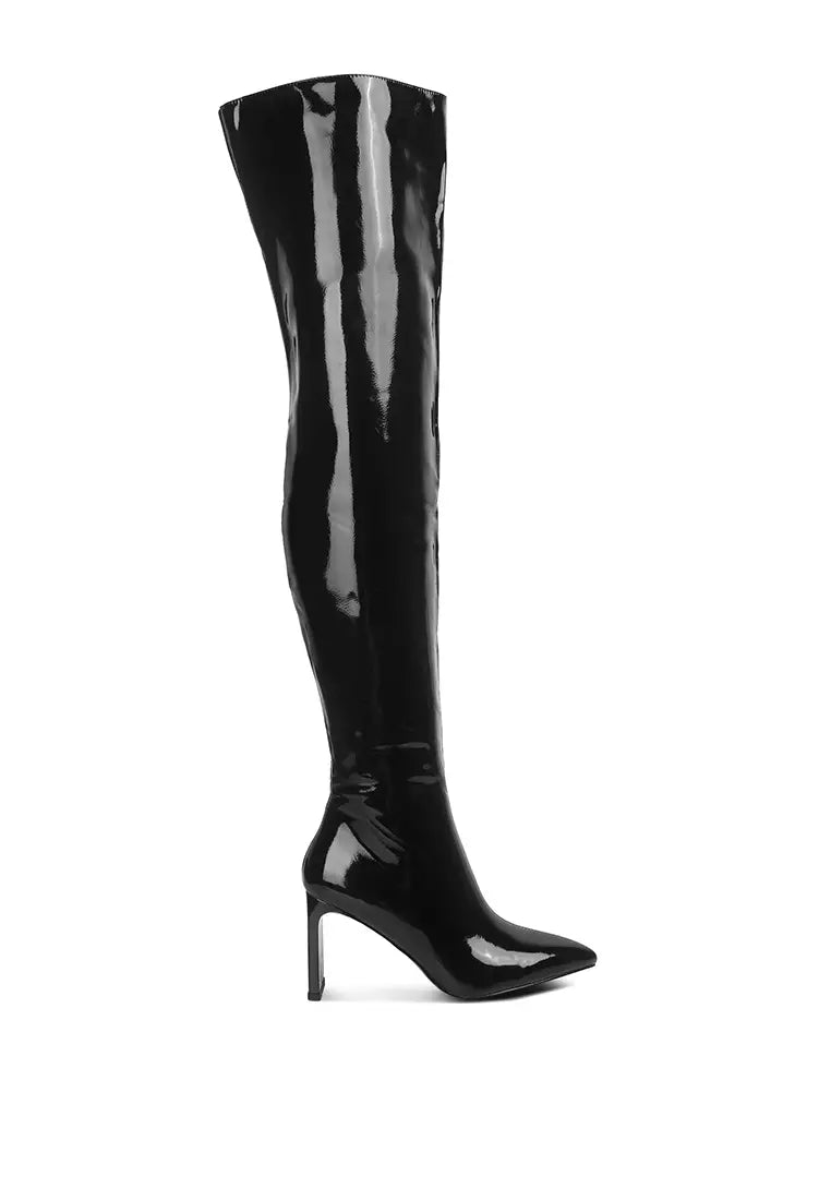 Black Patent PU Statement Block Heel Long Boots