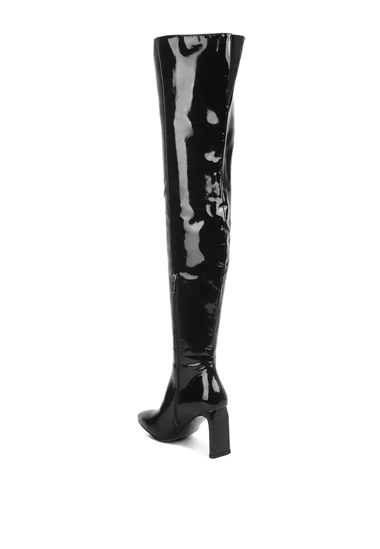 Black Patent PU Statement Block Heel Long Boots