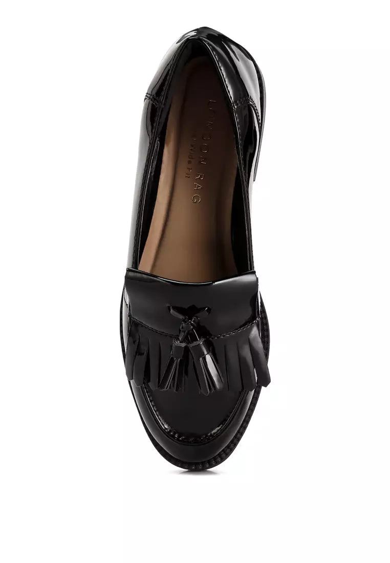 Black Tassel Detail Patent Loafers