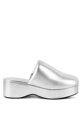 Silver Solid Platform Slip On Mules