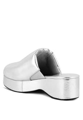 Silver Solid Platform Slip On Mules