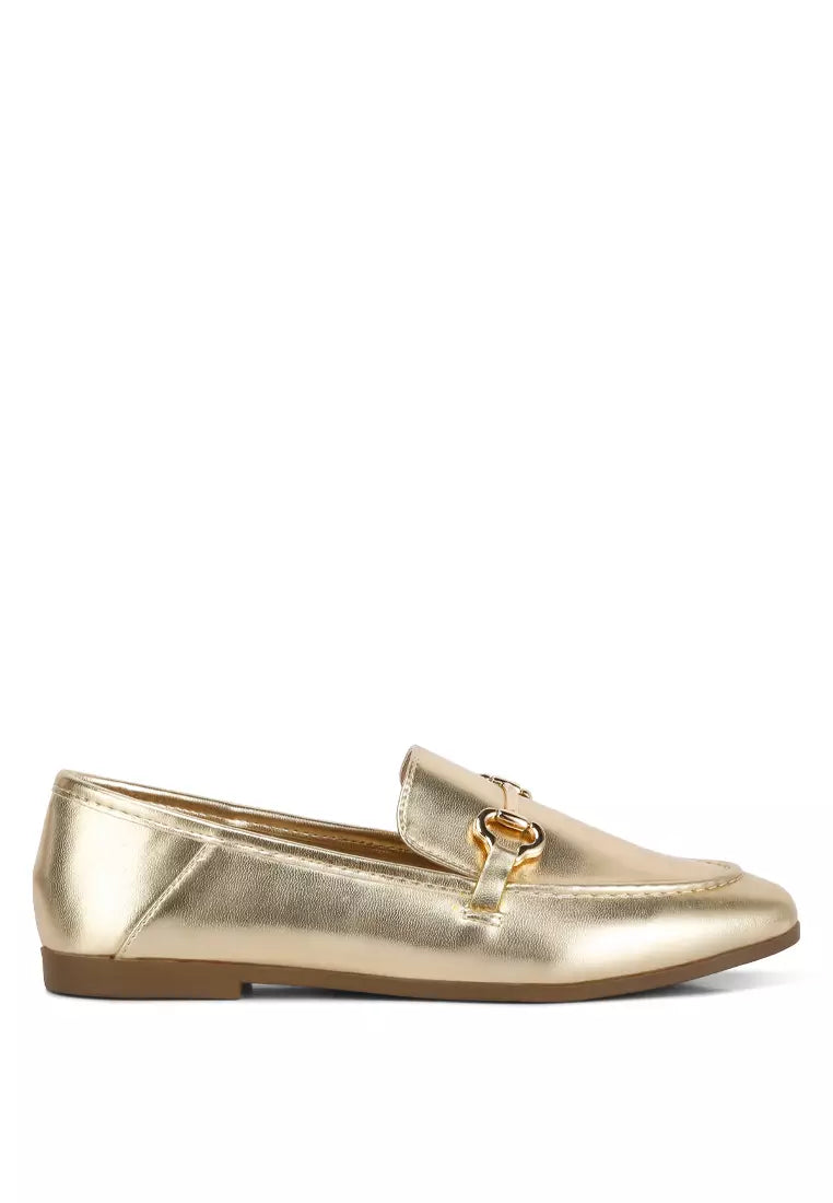 Metallic Faux Leather Loafers in Gold