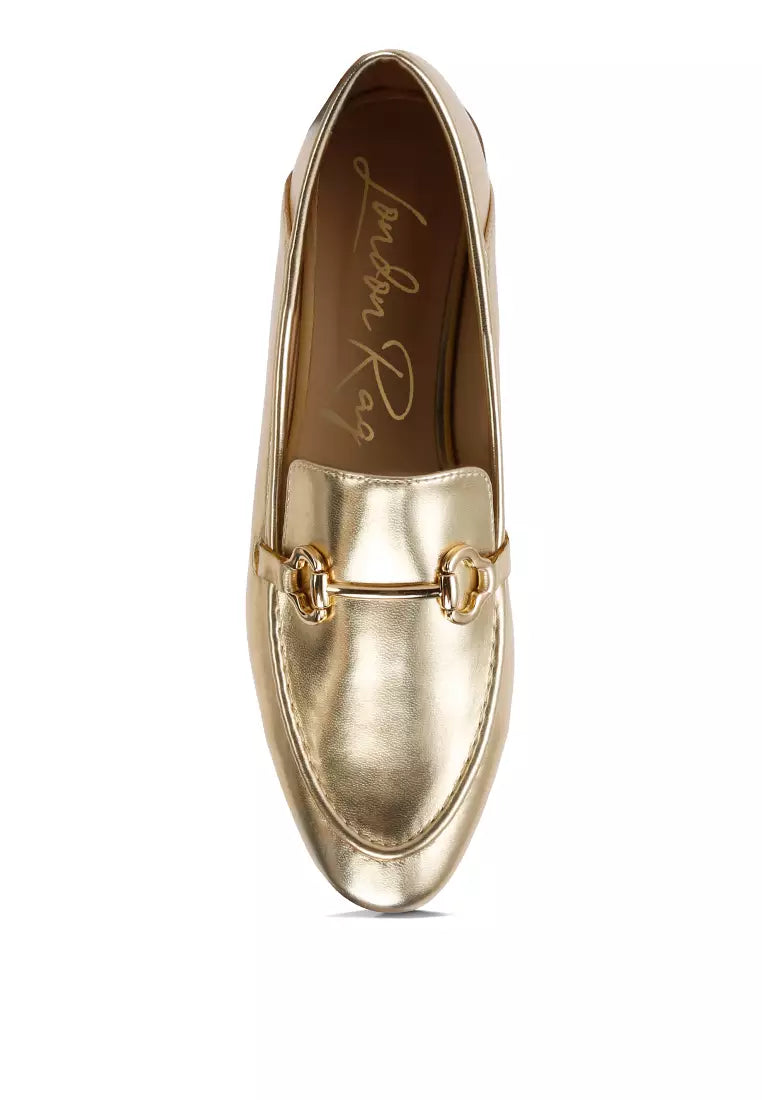 Metallic Faux Leather Loafers in Gold