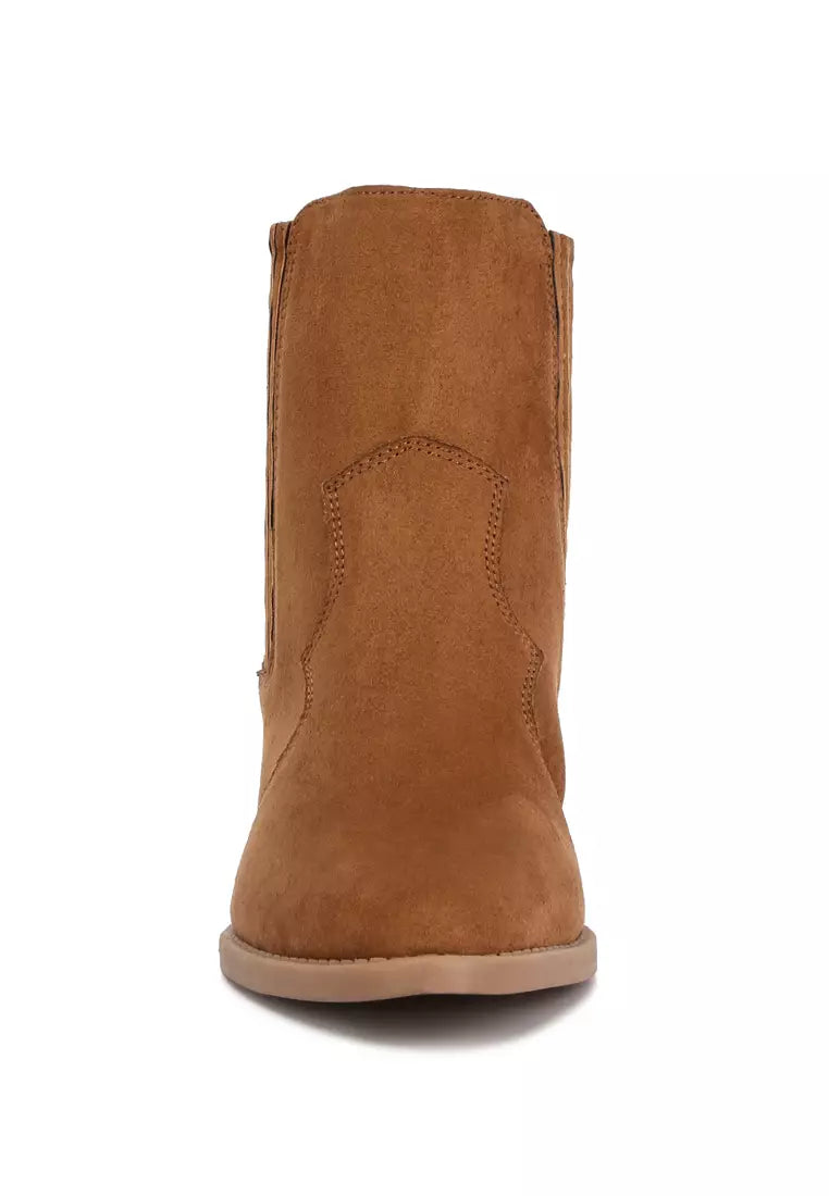 Tan Ankle Length Low Heel Cowboy Boots