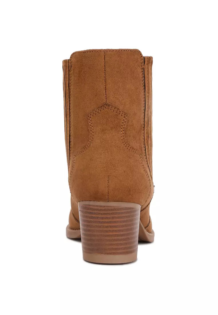 Tan Ankle Length Low Heel Cowboy Boots