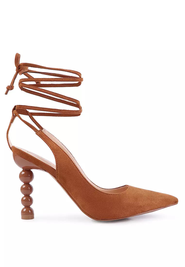 Brown Faux Suede Cut Out Heel Laceup Sandals