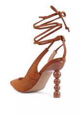 Brown Faux Suede Cut Out Heel Laceup Sandals