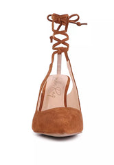 Brown Faux Suede Cut Out Heel Laceup Sandals