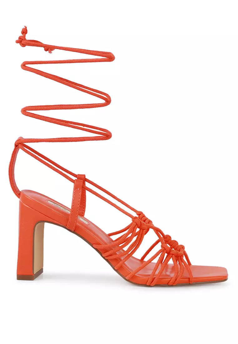 Orange Braided Tie Up Block Heeled Sandal