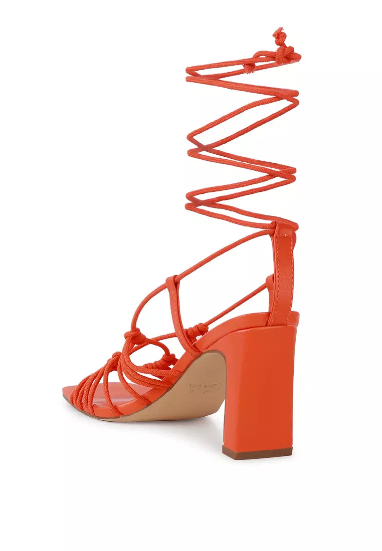 Orange Braided Tie Up Block Heeled Sandal