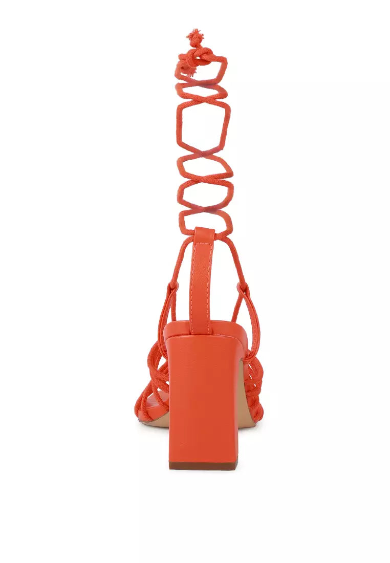 Orange Braided Tie Up Block Heeled Sandal