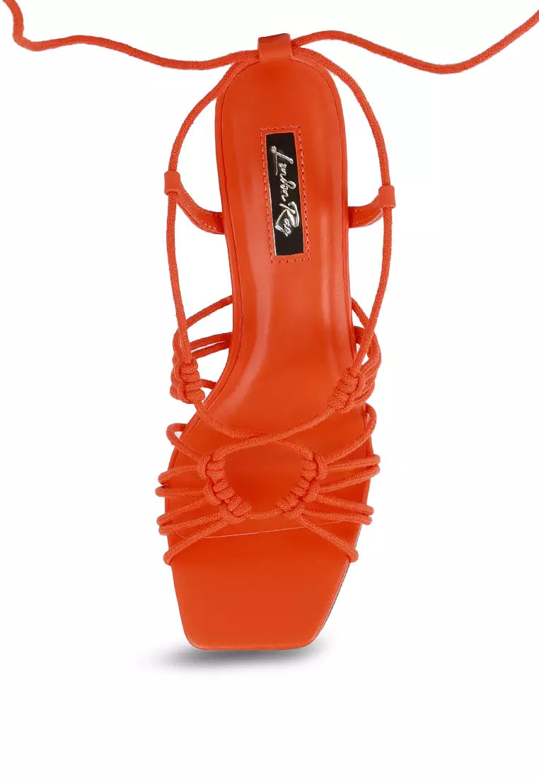 Orange Braided Tie Up Block Heeled Sandal