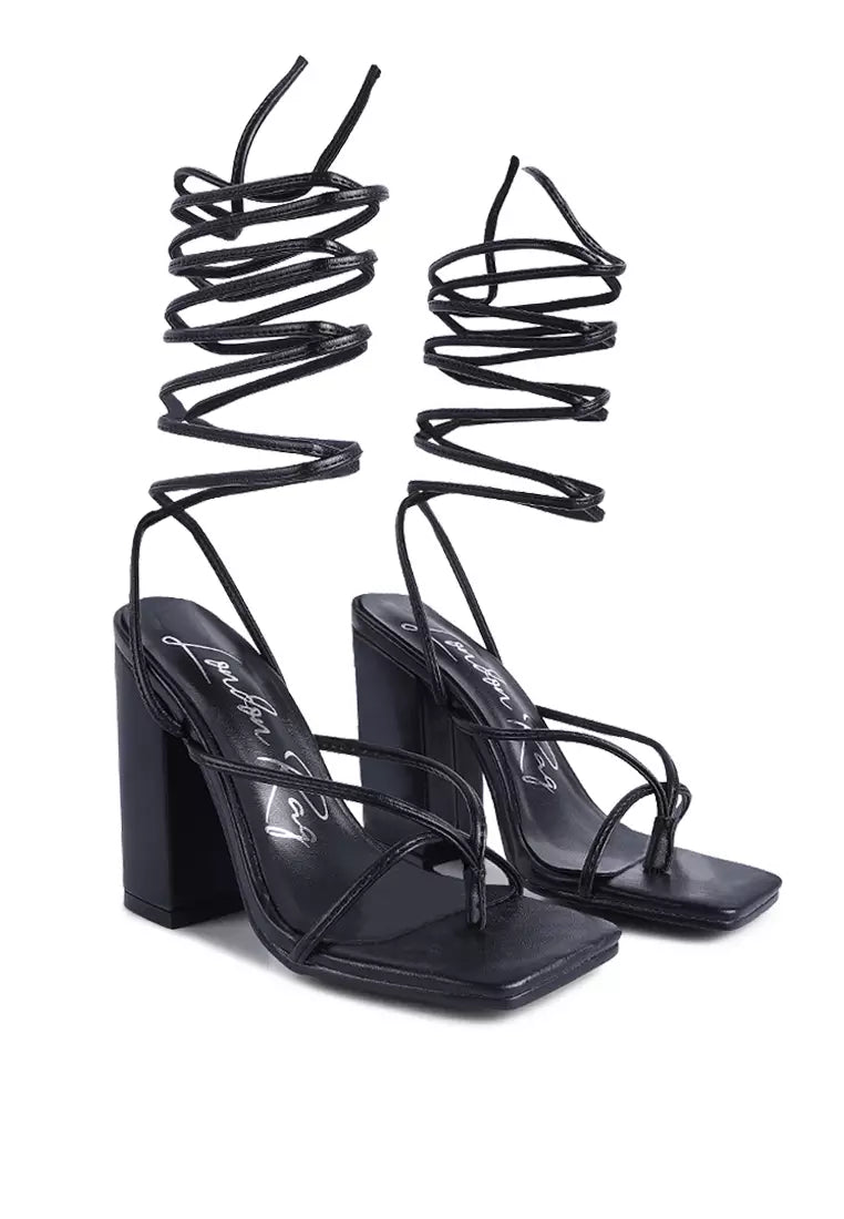 Black Lace Up Block Heeled Sandal