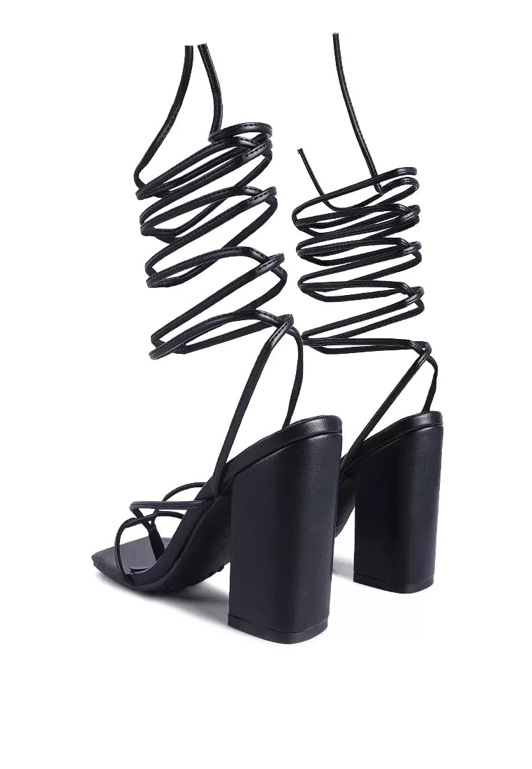 Black Lace Up Block Heeled Sandal