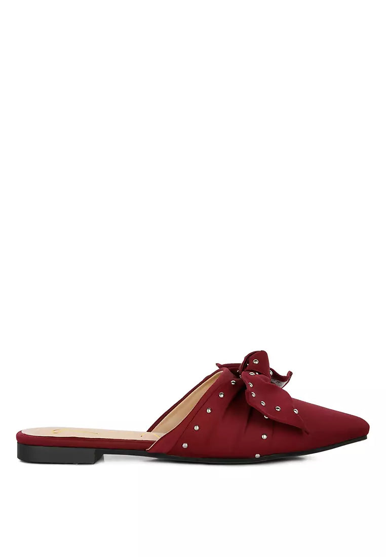 Burgundy Studded Bow Flat Mules