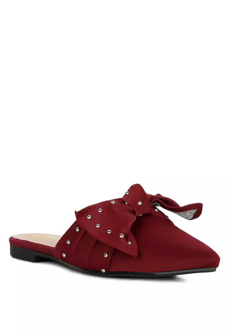 Burgundy Studded Bow Flat Mules