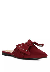 Burgundy Studded Bow Flat Mules