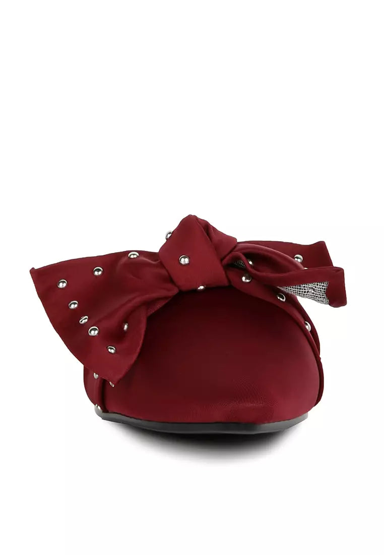 Burgundy Studded Bow Flat Mules