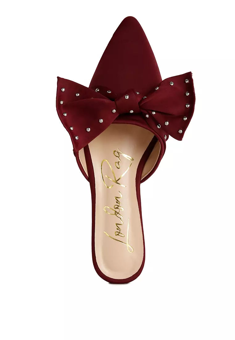 Burgundy Studded Bow Flat Mules