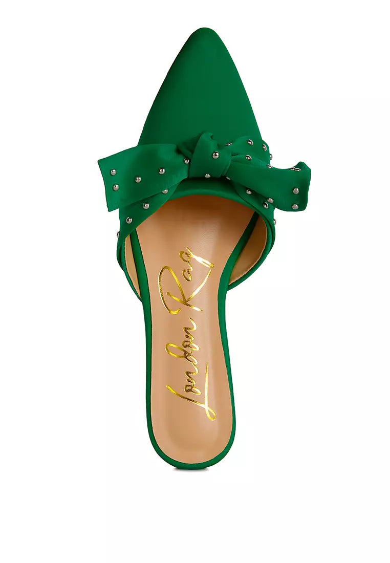 Green Studded Bow Flat Mules