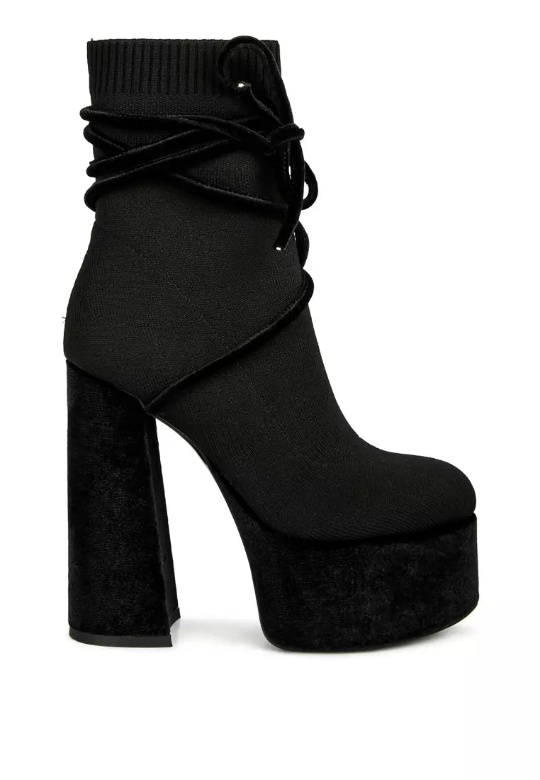 Black High Heeled Velvet Knitted Boot