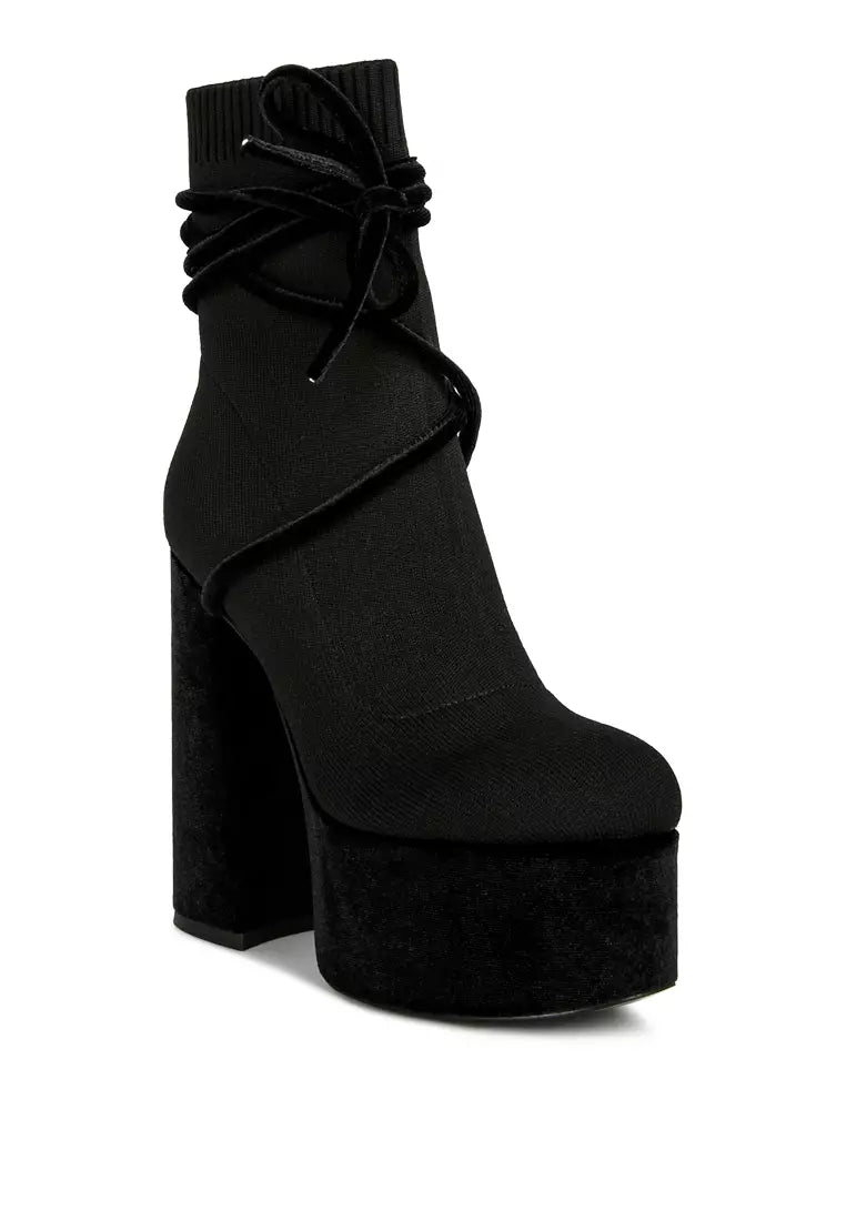 Black High Heeled Velvet Knitted Boot