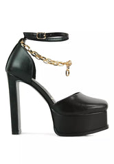 Black Faux Leather High Heeled Platform Sandals