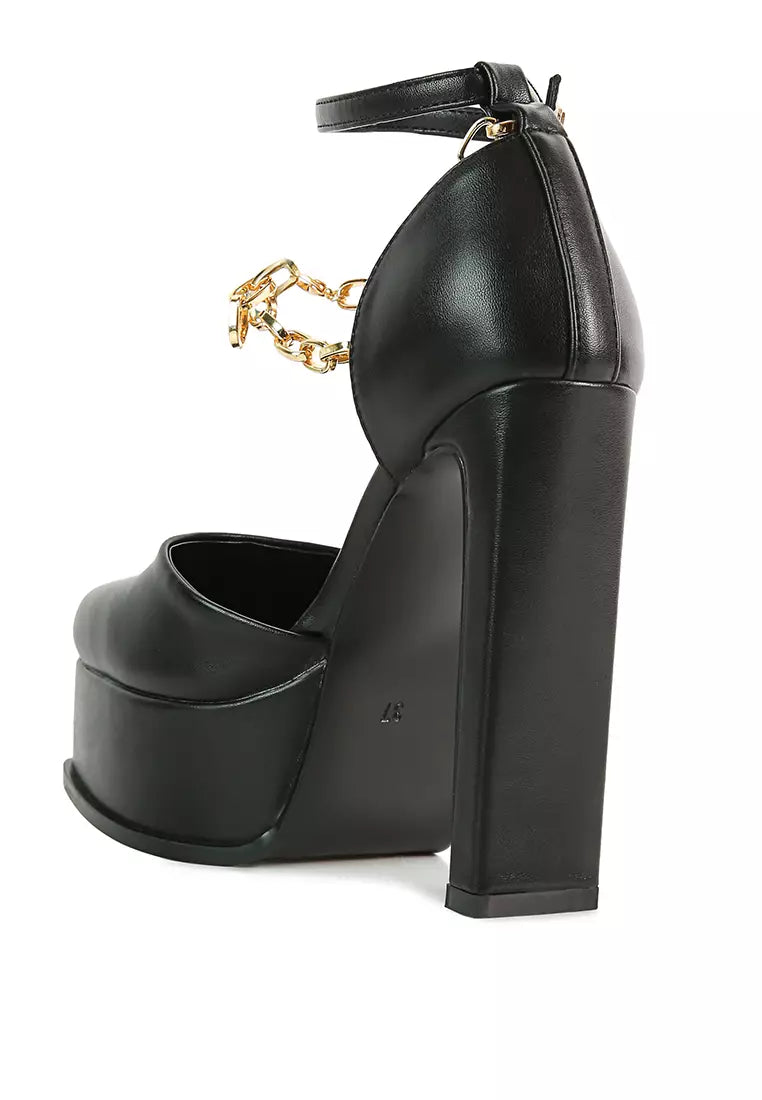 Black Faux Leather High Heeled Platform Sandals