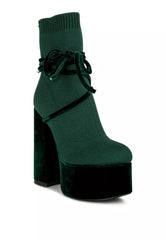 Green High Heeled Velvet Knitted Boot