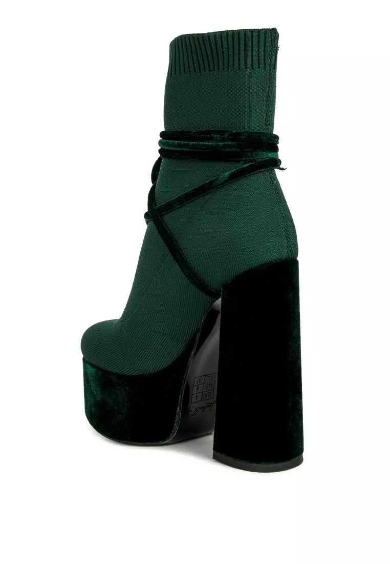 Green High Heeled Velvet Knitted Boot