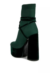 Green High Heeled Velvet Knitted Boot