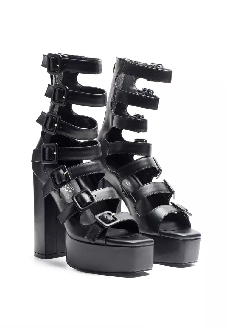 Caged High Heel Buckled Sandal in Black