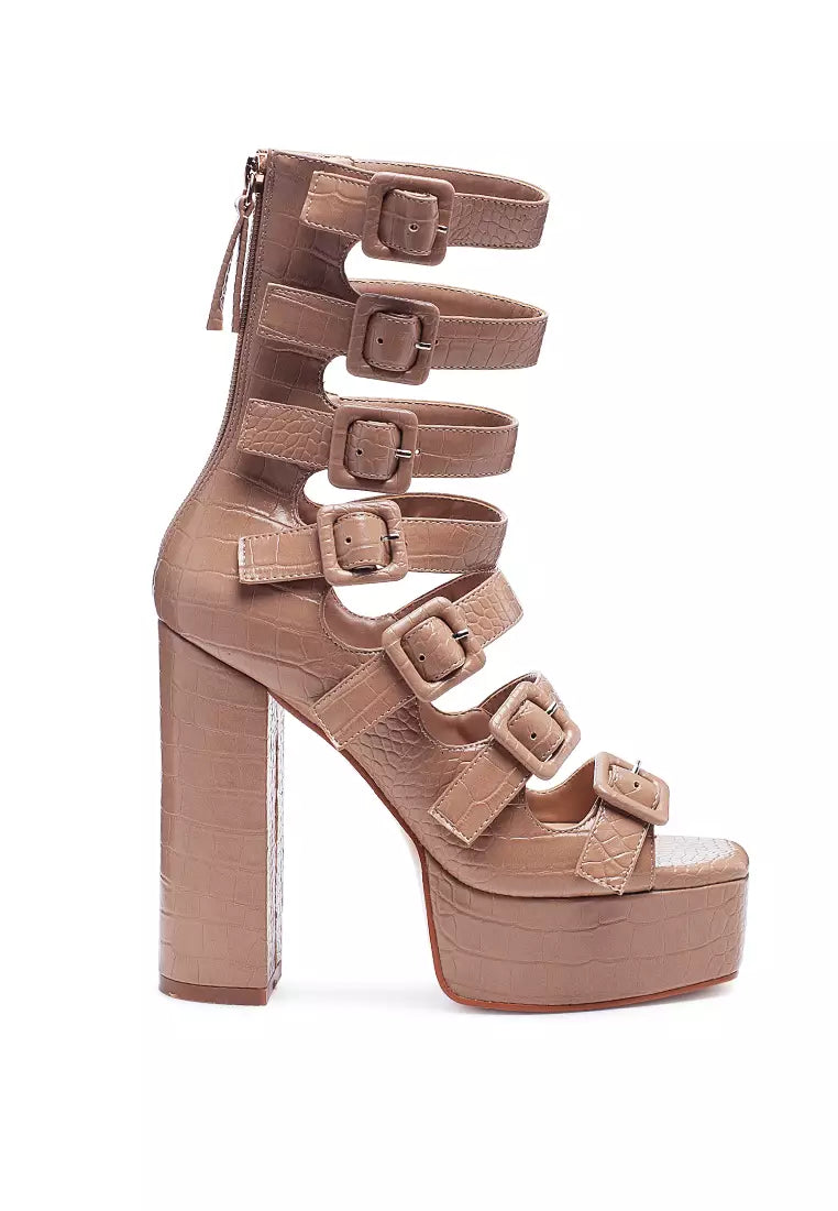 Caged High Heel Buckled Sandal in Nude